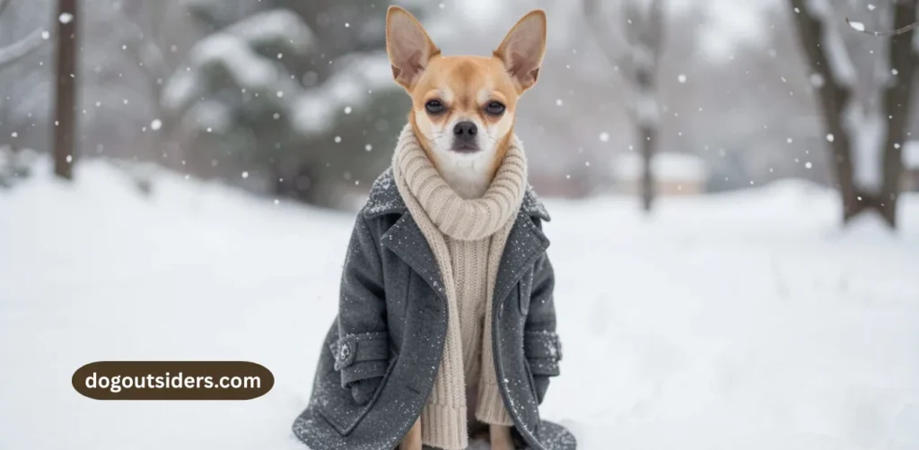 Long coat Chihuahua wearing warm sweater for cold weather protection