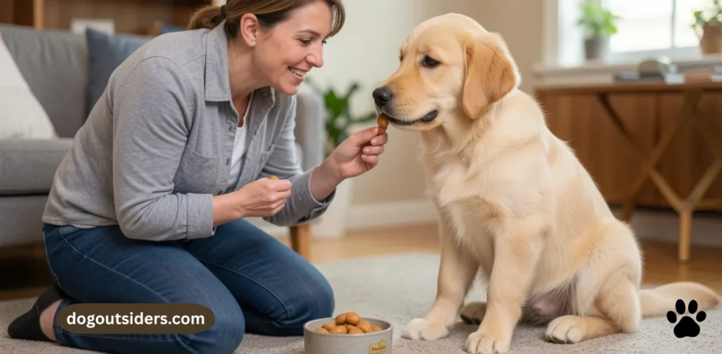 New owner rewarding golden retriever puppy with treat after learning sit command
