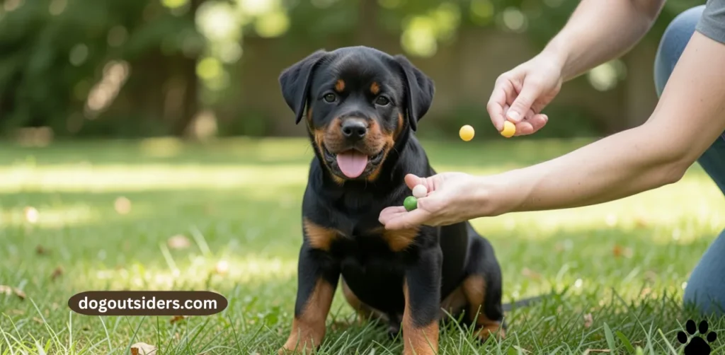 New owner training Rottweiler puppy with positive reinforcement treats outdoors