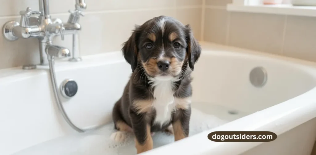 New puppy owner following dog bath tips for puppy owners in a home bathtub