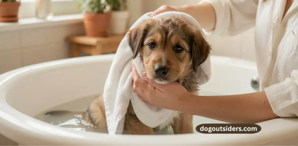 Owner gently drying puppy with towel after safe warm bath at home