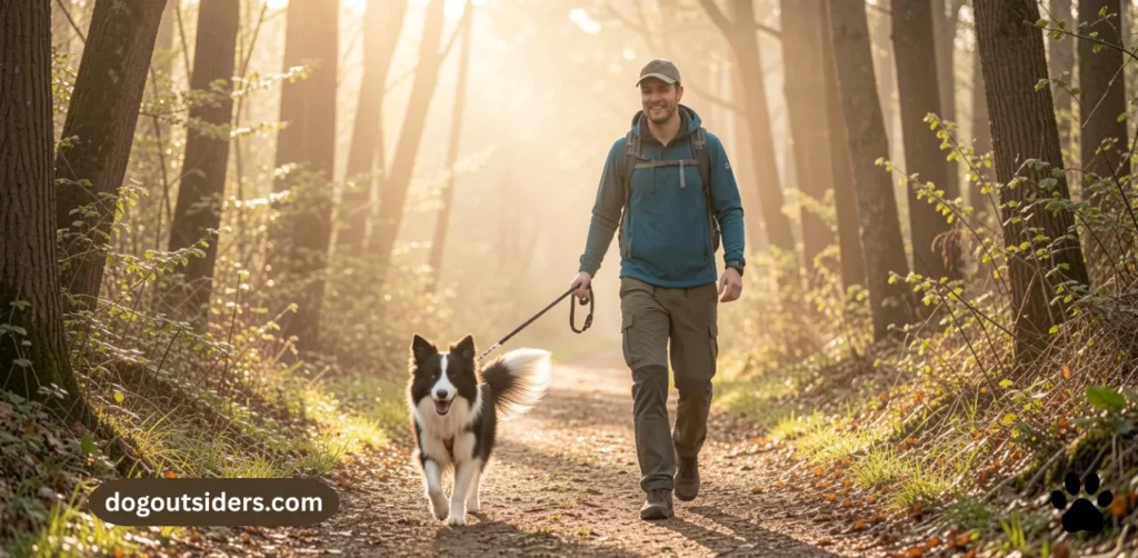 Owner on structured morning walk with high energy border collie on trail