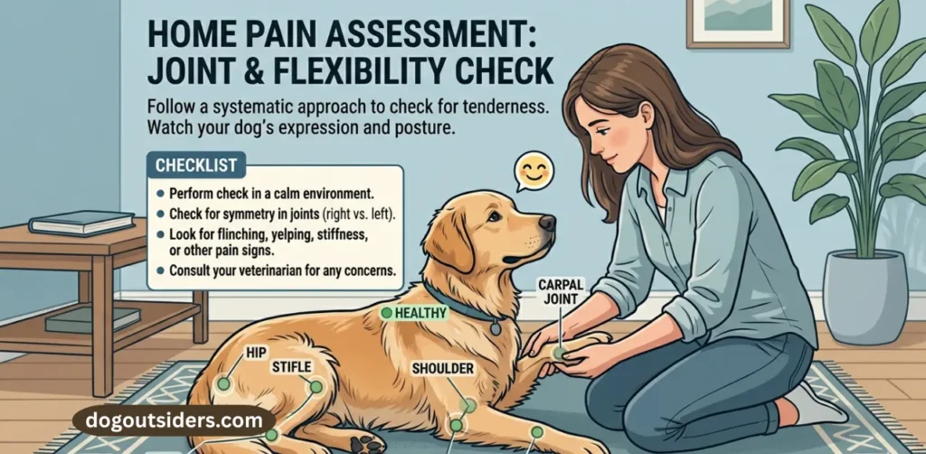 Owner performing home pain check assessment on dog feeling for pain responses in joints