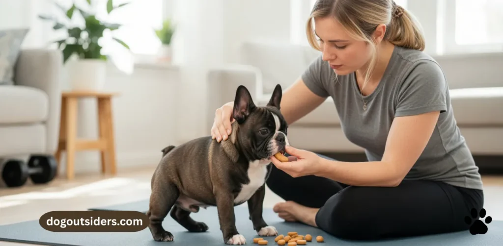 Owner practicing daily body handling exercises with French Bulldog puppy using treats