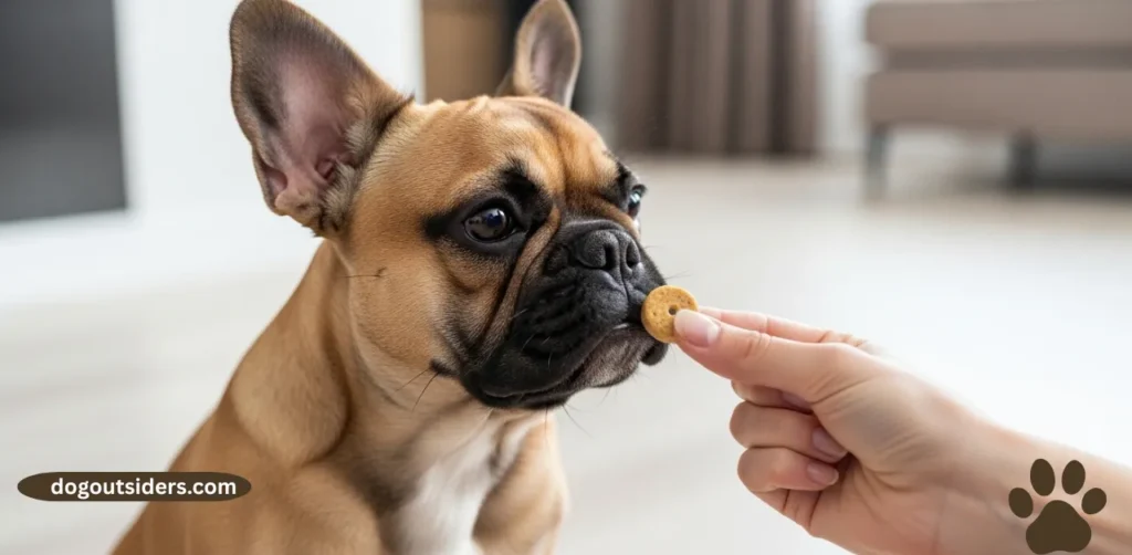 Owner rewarding French Bulldog puppy with treat during positive reinforcement training