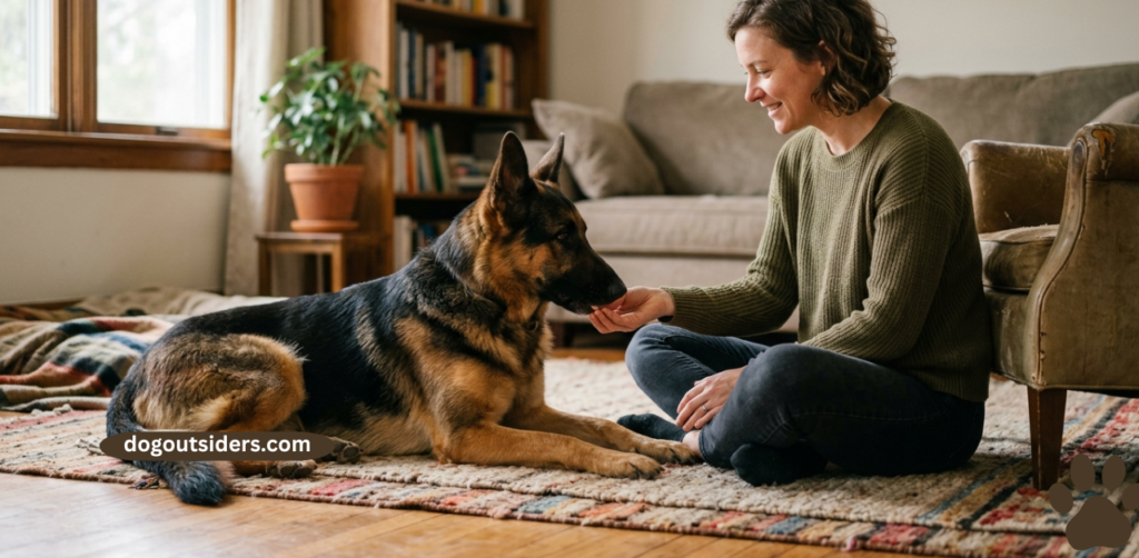 Owner sitting calmly on floor with German Shepherd rebuilding trust through positive interactio