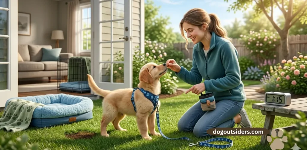 Owner taking puppy outside for potty training in backyard