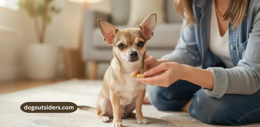 Owner training small Chihuahua with positive reinforcement treats