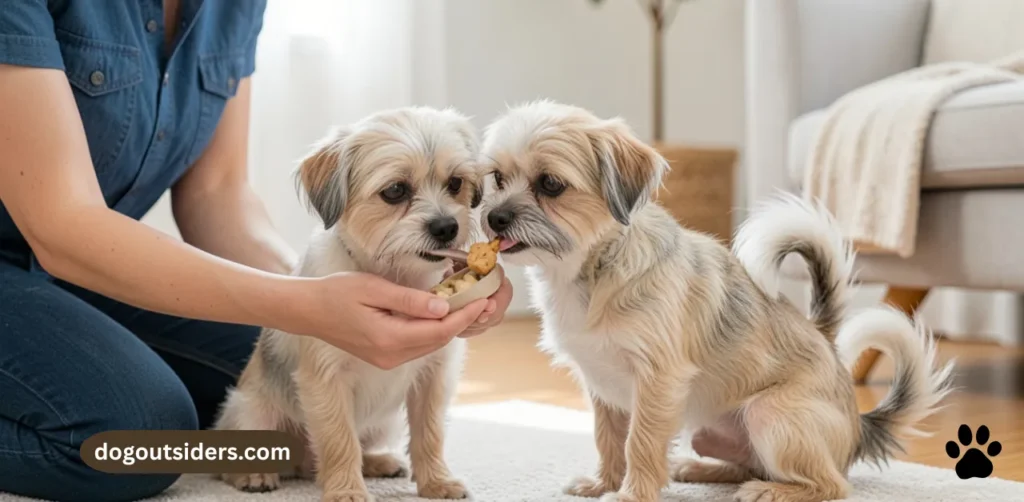 Owner using positive reinforcement treat training with reactive small dog