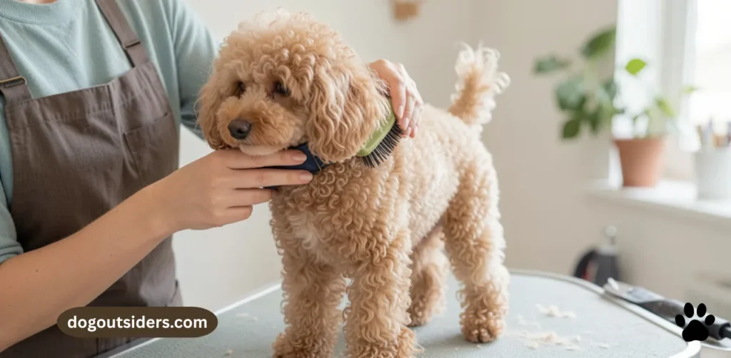 Owner using slicker brush on miniature poodle curly coat during daily home grooming