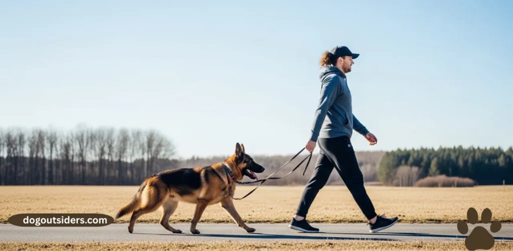 Owner walking German Shepherd on structured daily exercise routine