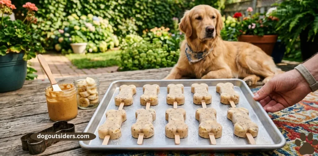 Peanut butter and banana frozen dog treat pops on a baking tray