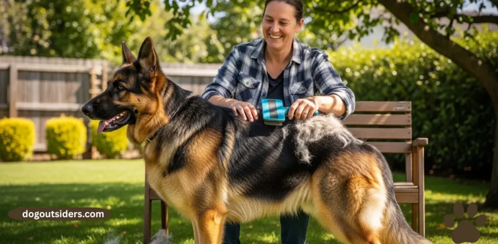 Person brushing German Shepherd double coat with de-shedding tool