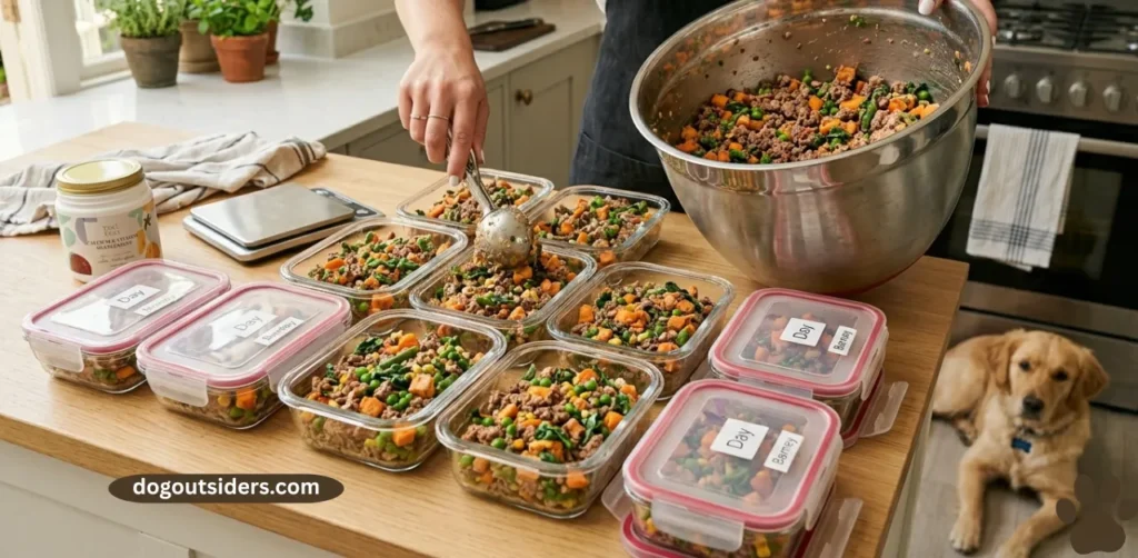 Person portioning homemade dog food into containers for weekly prep