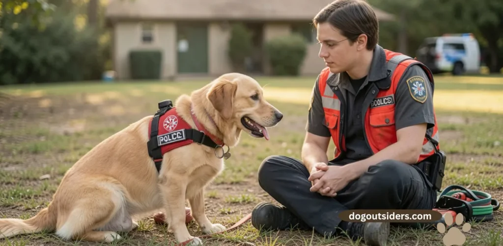 Person sitting calmly near rescue dog allowing it to approach and build trust