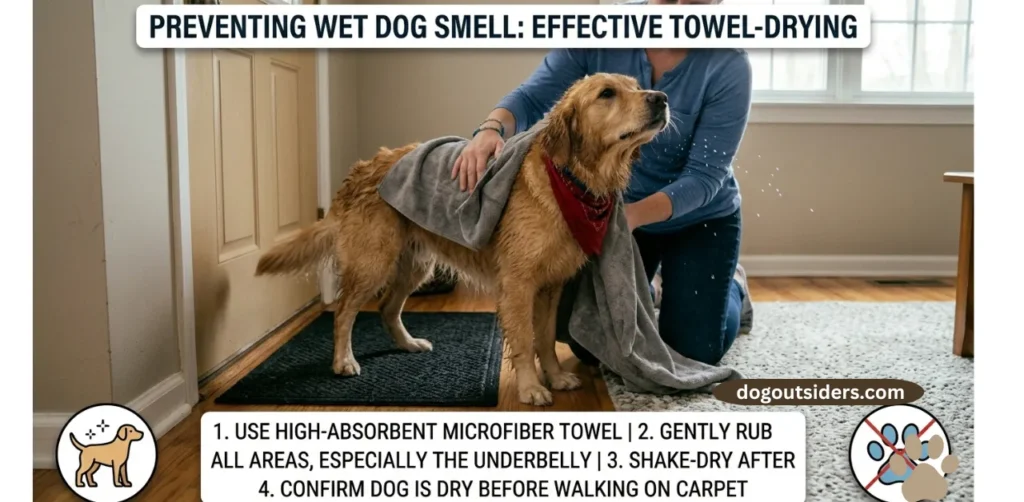 Person towel-drying a dog before letting it walk on carpet to prevent wet dog smell