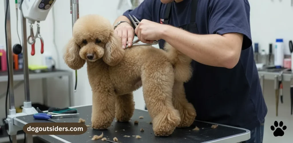 Professional groomer carefully clipping standard poodle coat on grooming table