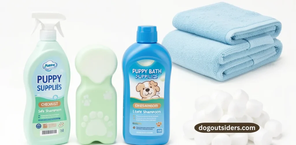 Puppy bath supplies checklist including safe shampoo towels and cotton balls