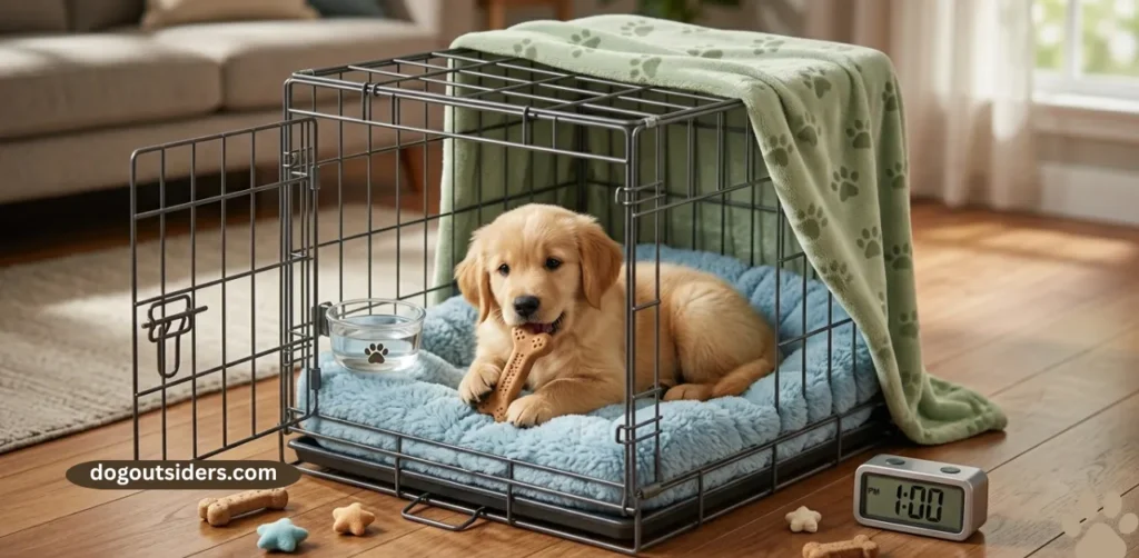 Puppy inside a crate with comfortable bedding and chew toy