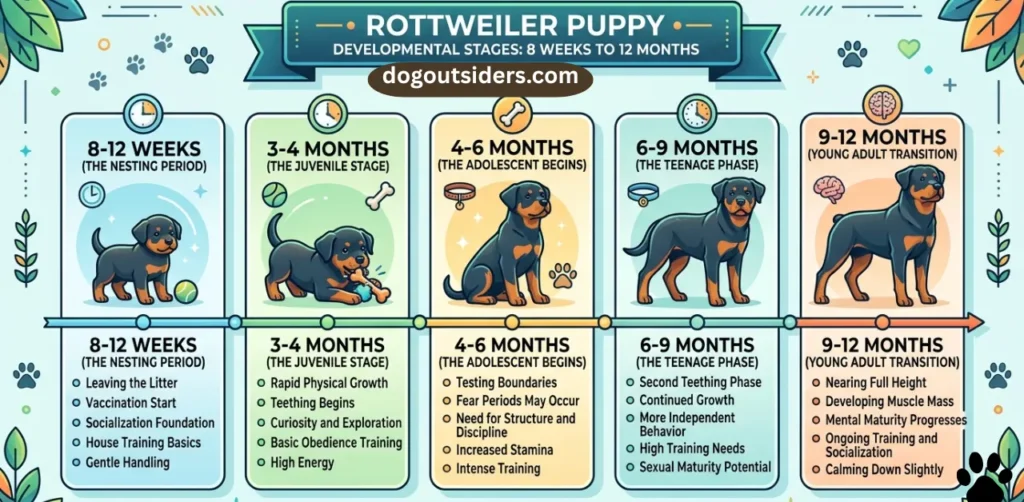 Rottweiler puppy developmental stages from 8 weeks to 12 months infographic