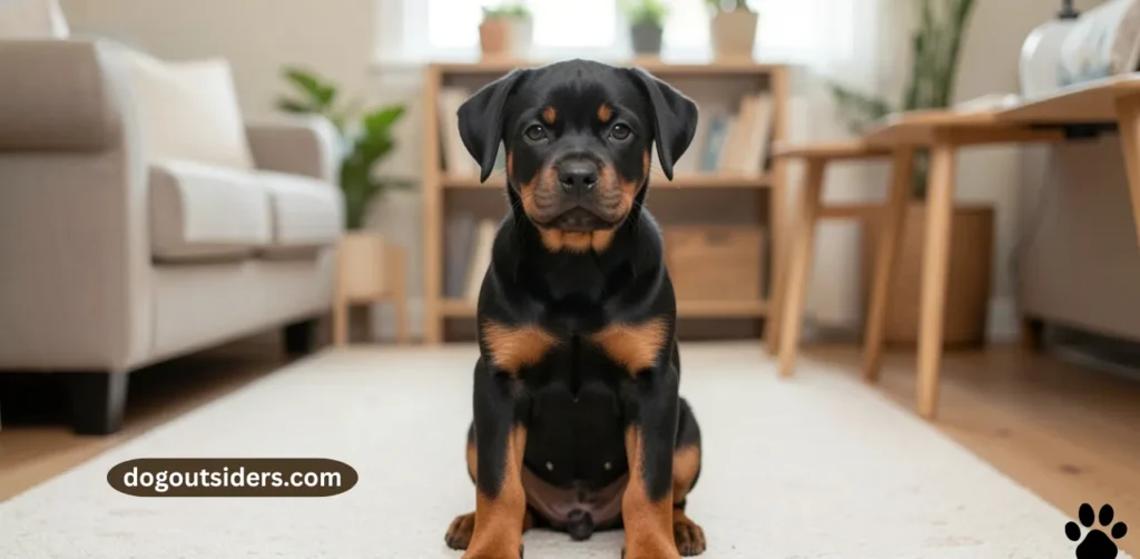 Rottweiler puppy sitting attentively during first training session at home