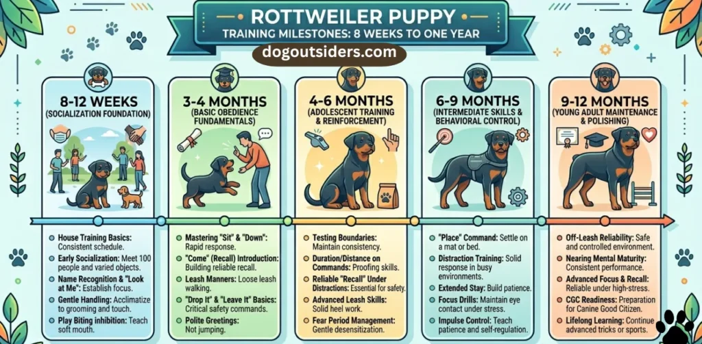 Rottweiler puppy training milestones from 8 weeks to one year visual guide