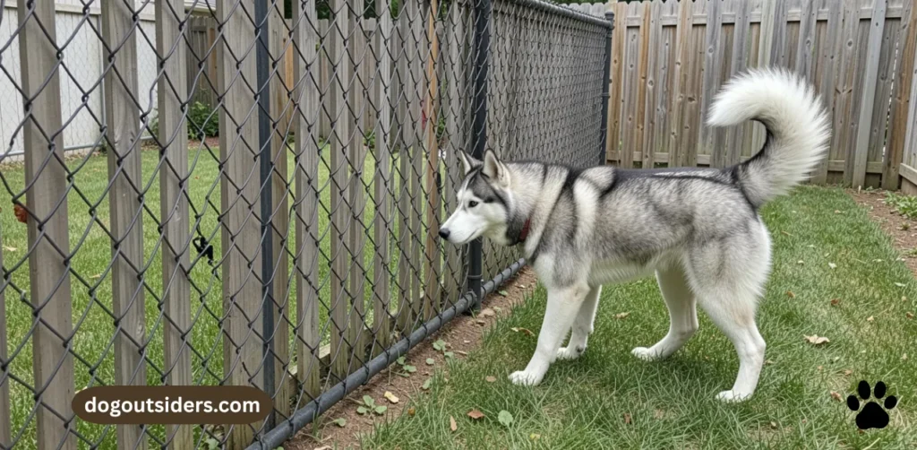 Siberian Husky investigating backyard fence line showing escape behavior tendency