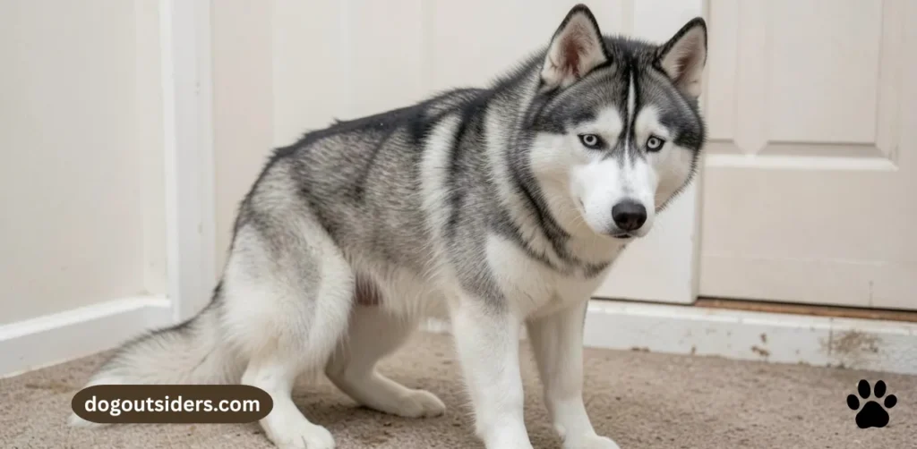 Siberian Husky showing anxious body language when left alone separation anxiety signs