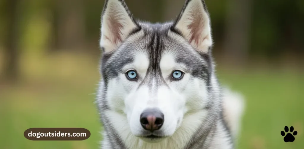 Siberian Husky with blue eyes displaying alert focused expression during outdoor session