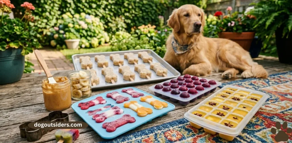 Silicone molds and ice cube trays filled with colorful frozen dog treats