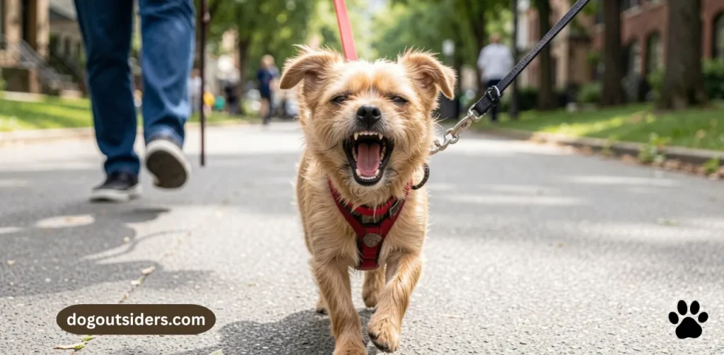 Small dog barking aggressively on leash during walk
