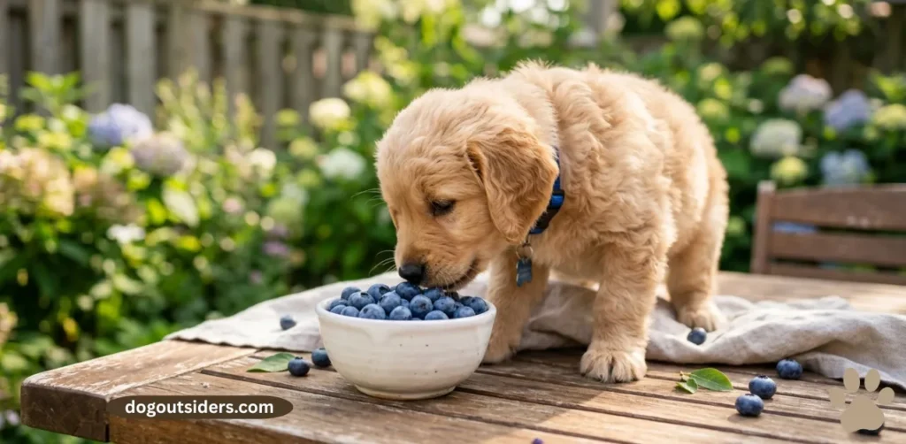 Small puppy sniffing bowl of fresh blueberries as a summer treat