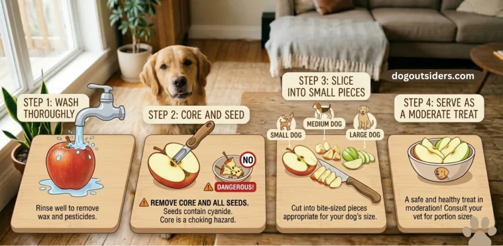 Step by step apple preparation for dogs showing washing coring seeding and slicing process