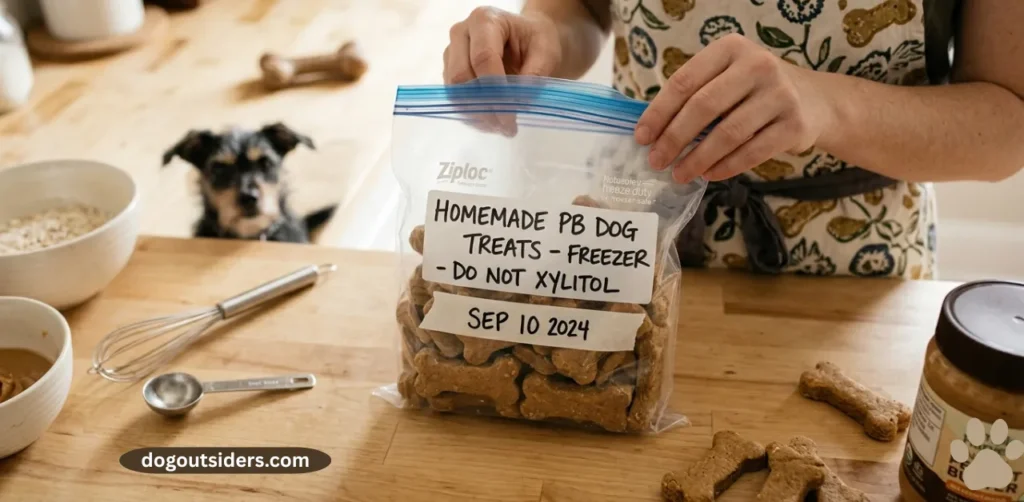 Storing homemade peanut butter dog treats in a labeled freezer bag for freshness