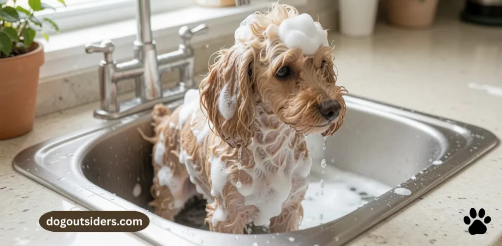 Toy poodle being bathed at home with gentle dog-safe shampoo in kitchen sink