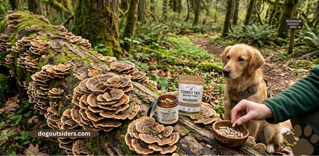 Trametes versicolor turkey tail mushroom bracket fungi growing on log used for canine health supplements