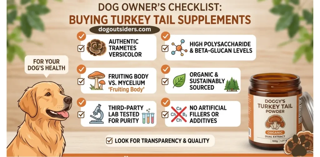 Turkey tail mushroom supplement label checklist showing what dog owners should look for when buying