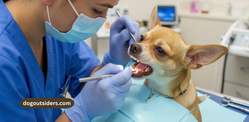 Veterinarian examining Chihuahua teeth during dental checkup