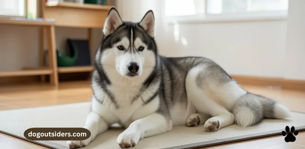 Well-behaved Siberian Husky settled calmly on mat after structured behavior training