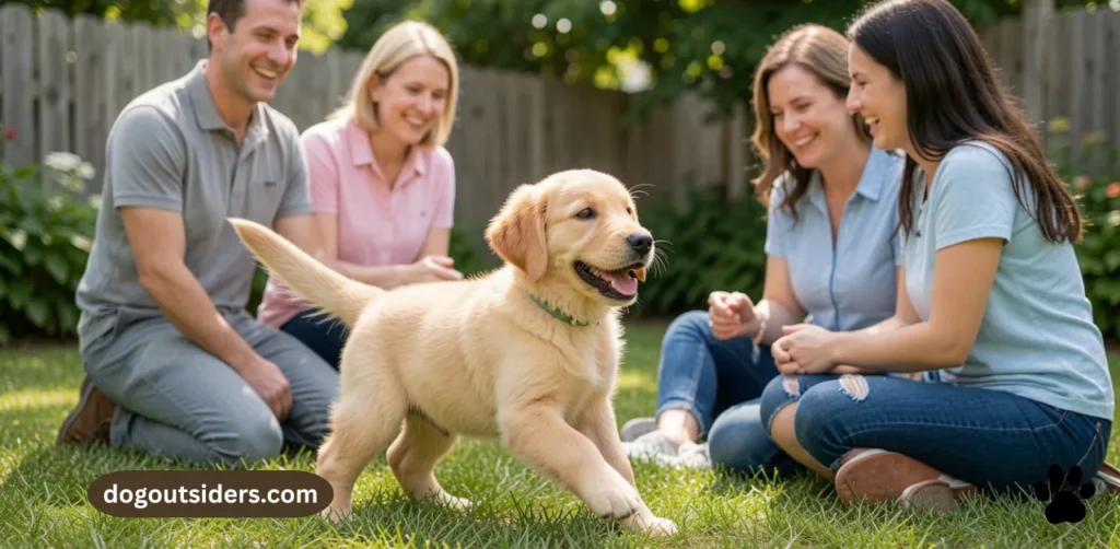 Well-trained golden retriever puppy playing happily with family in backyard