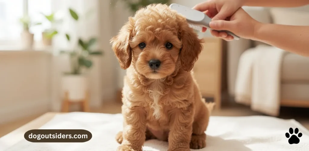 Young poodle puppy calmly experiencing first gentle brushing session at home