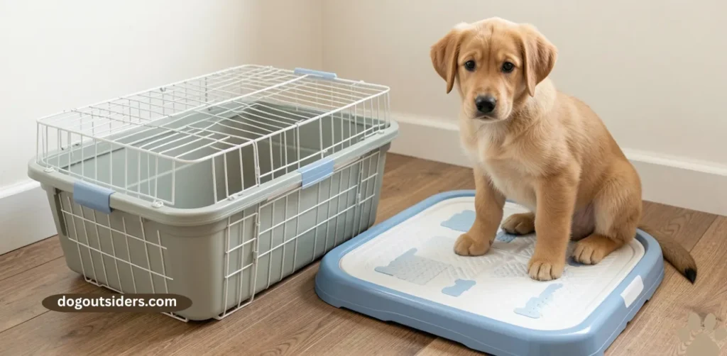 crate placed next to puppy potty pad for combined training method