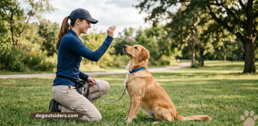 dog learning sit command with hand signal from trainer outdoors