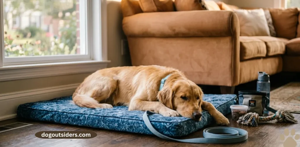 dog lying calmly on place mat after training session at home