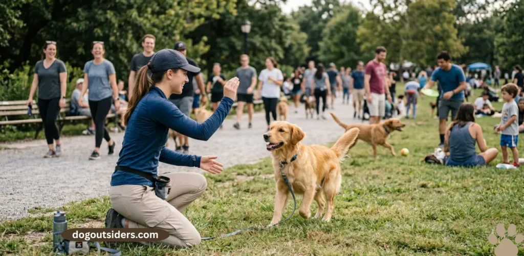 dog responding to come recall command in distraction-filled park environment