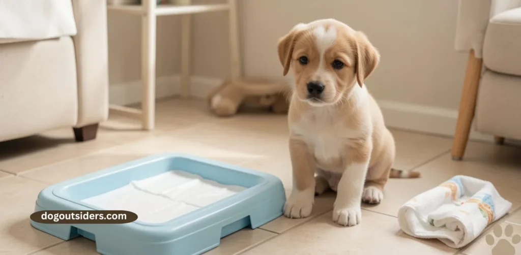 puppy sitting next to a potty pad indoors learning bathroom training