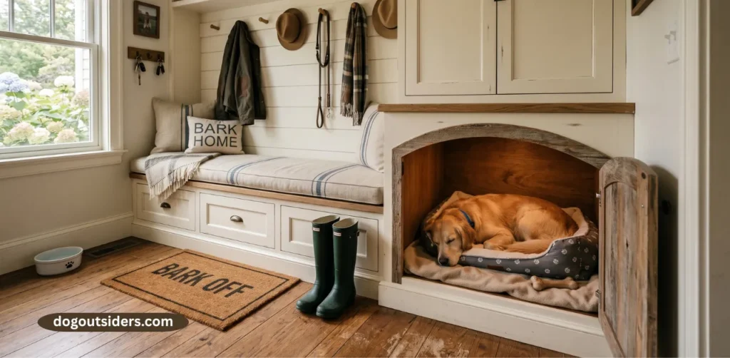 Built-in bench with hidden dog sleeping space