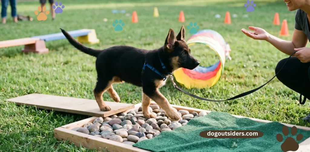 Confident German Shepherd puppy exploring new surface during confidence-building exercise