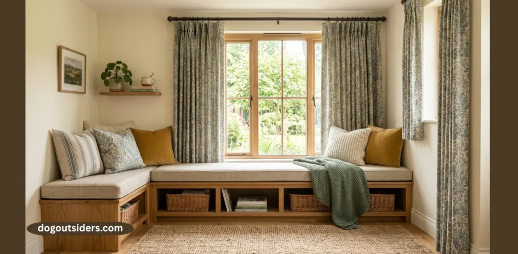 Corner nook with washable cushion and curtain