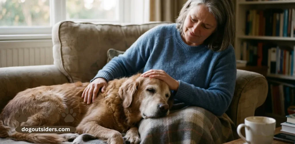 Dog resting head on owner lap in quiet moment representing dogs saying goodbye before they die